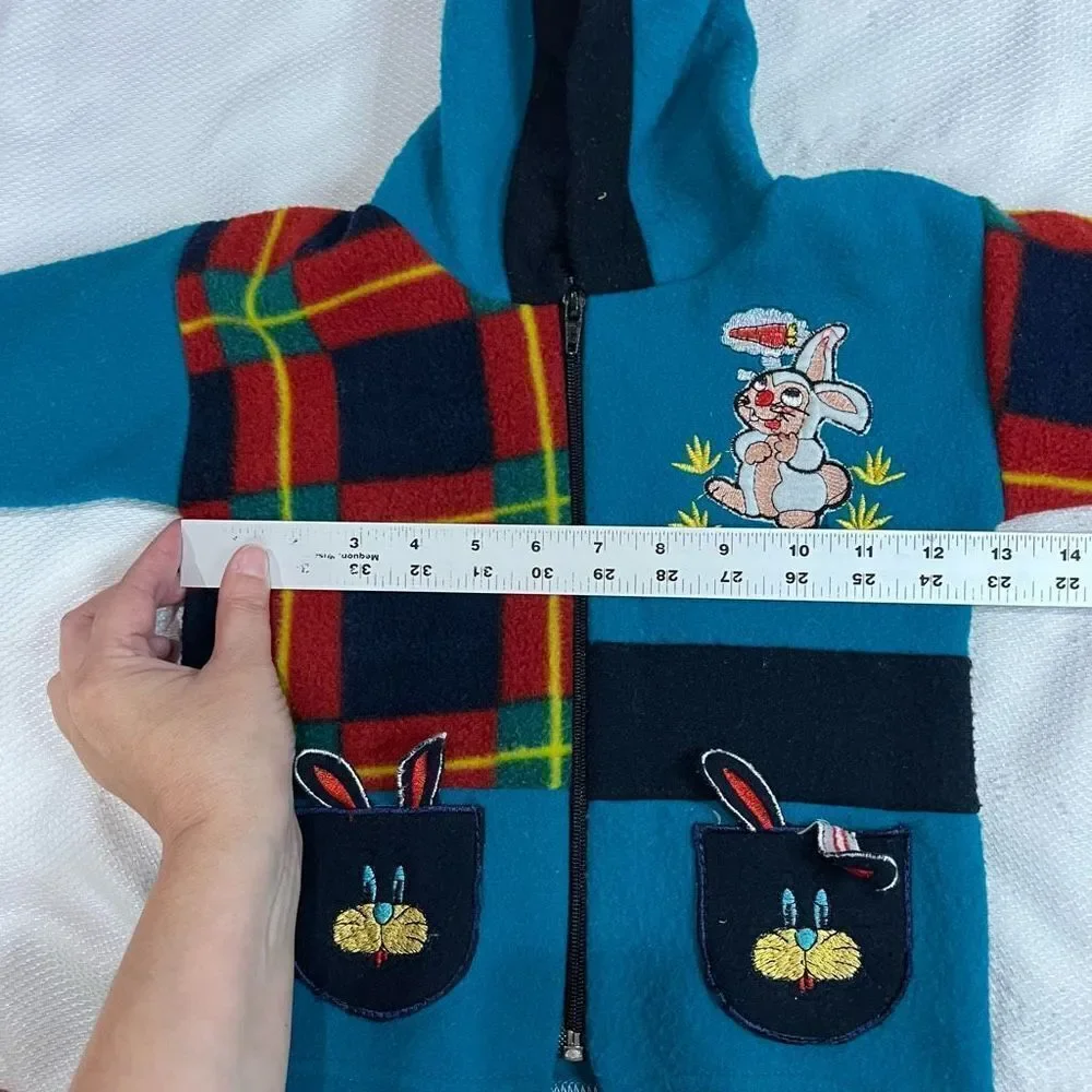 Vintage Bunny Rabbit Turquoise Red Plaid Fleece Jacket‎